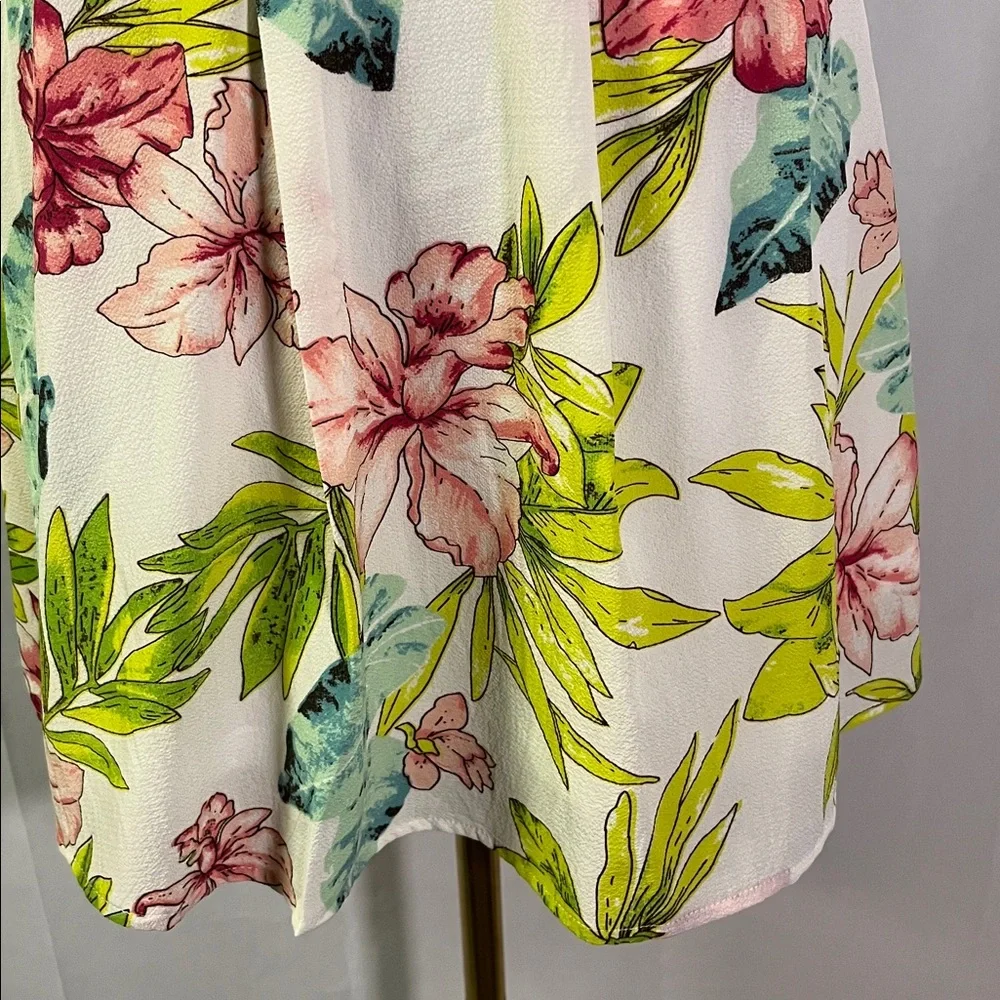 Entro White Multicolor Tropical Floral Print Sleeveless V-Neck A-Line Dress